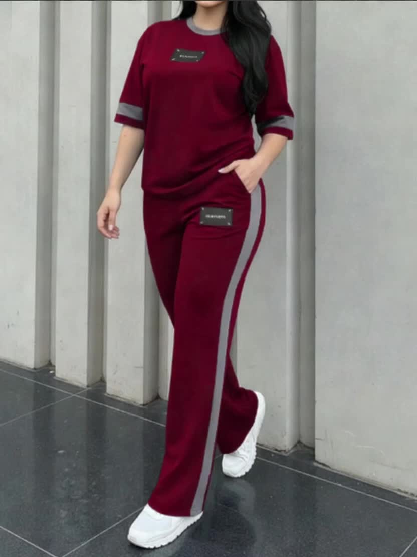 Women's New Elegant Casual Round Neck Short Sleeve Color Block Patchwork Comfortable T-Shirt and Casual Comfortable Long Pants 2pcs Set LLDX - Image 11
