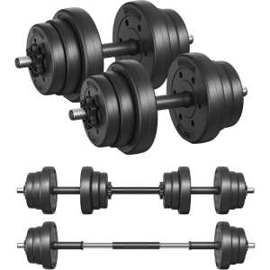 2-in-1 Dumbbells Set, 2 x 10 kg Adjustable Dumbbells with Extra Barbell Bar, Plastic-Coated Weight Plates, Fitness Exercise, Home Gym
