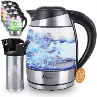 TRESKO® Glass Kettle with Temperature Control | 1.8L Stainless Steel 2200W | Tea Kettle with Tea Infuser and Limescale Filter | Touch Control Panel | 100% BPA FREE | Color Changing LED Lighting | 2-Hour Keep Warm Function