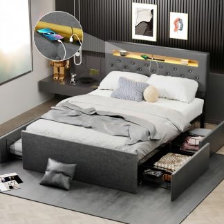 Upholstered Bed Double Bed 140X200 Cm with LED Headboard And Charging Function, Bed with Storage Space 4 Drawers, Bed Frame with Hydraulic Metal Frame And Wooden Slatted Base, Linen, Grey