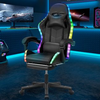 RGB Gaming Chair with LED Lights, Gamer Chair with Dazzling Light Bar, Headrest and Lumbar Support, Adjustable Height and Tilt, 130 kg Weight Capacity, PC Gaming Chair for Gaming Office (Black)