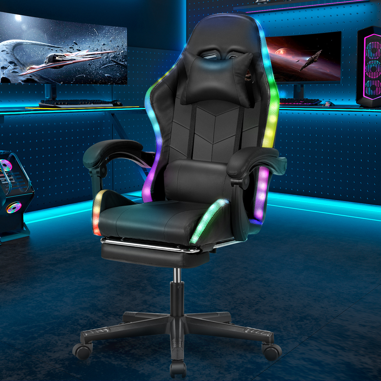 RGB Gaming Chair with LED Lights, Gamer Chair with Dazzling Light Bar, Headrest and Lumbar Support, Adjustable Height and Tilt, 130 kg Weight Capacity, PC Gaming Chair for Gaming Office (Black)