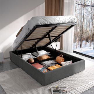 140X200 Cm Double Bed with Storage, Ottoman Bed No Headboard, Hydraulic Bed Frame with Wooden Slatted Base, Modern Box Spring Bed Frame, Youth Bed Frame, Grey (No Mattress)