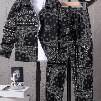 Boys' Casual Long Sleeve Shirt and Pants Set with Pomegranate Flower Print - Non-Stretch Fabric, Regular Fit, Fall/Winter Collection, Casual Attire, Casual Wear, for Outdoor, For Teenager