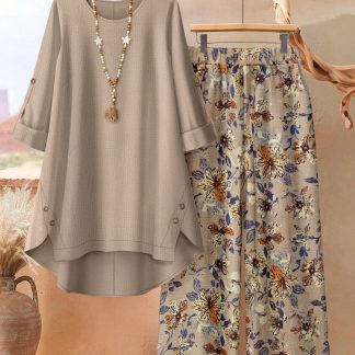Plus Size, Fashionable Solid-color Irregular Hem Top Paired with Printed Trousers, a 2pcs Set for Everyday Elegance