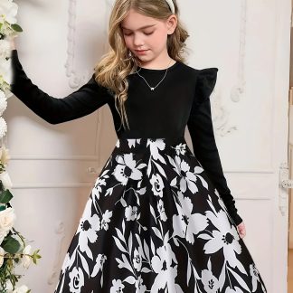 Girls' Casual Fashion Floral Print Patchwork Long Sleeve Dress, Puff Sleeve Design, Knit Soft And Comfortable, All-Season