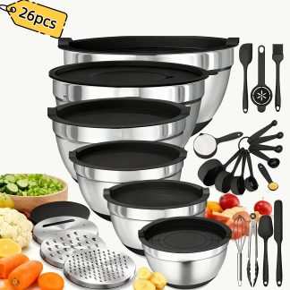 26pcs Salad Bowls With Lids, 6 Stainless Steel Mixing Bowls, 3 Mixing Knife Attachments, 17 Practical Kitchen Tools, Non-Slip, Rust-Resistant Kitchen Gadgets For Salads & More
