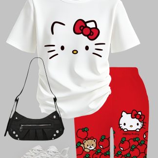 Sanrio Girls' Casual Round Neck Hello Kitty Cartoon Print T-Shirt + Slim Fit Hip-Hugging Shorts Two-Piece Set, for Outdoor