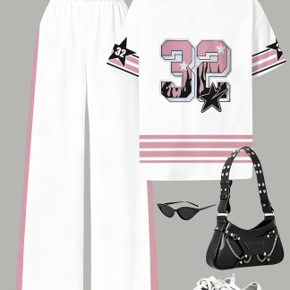 Girls' Fashion Set Girls' Fashion Pants Cute Printed T-Shirt and Pants 2pcs Set, Perfect for Outdoor