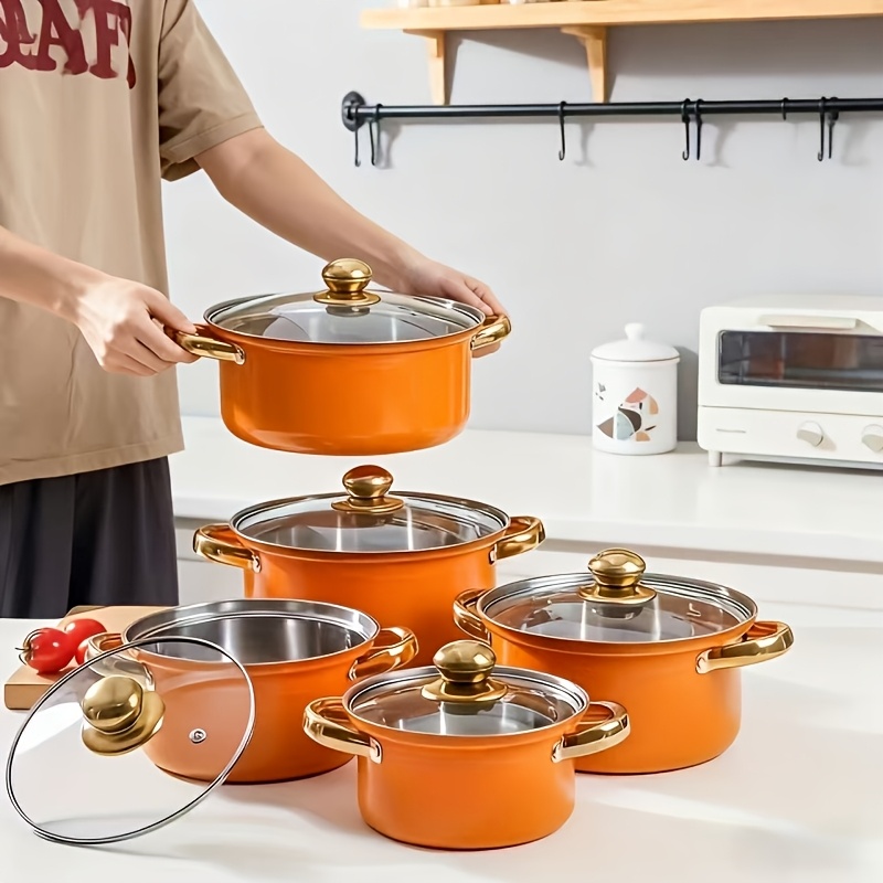 5pcs Stainless Steel Cookware Set, Stainless Steel Cooking Pot, No Pick Stove, Stainless Steel Double Handle with Lid, Deep Soup Pot, Suitable for Outdoor Camping, Home and Restaurant Cooking, Eid Al-Fitr, Easter, Independence Day, Etc.