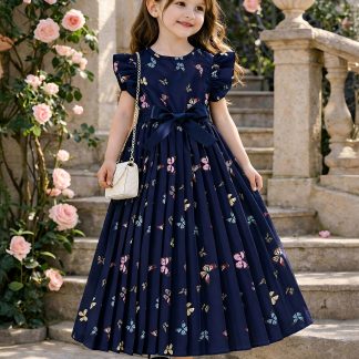 Girls' Navy Blue Butterfly Print Pleated Dress with Flutter Sleeves, Ruffle Hem, Round Neck, High Waist, and A-Line Flared Silhouette. Sweet Princess Style, Suitable for School/Parties/Birthdays/Daily Wear. Lightweight and Breathable Dress for Little
