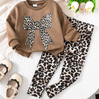 2pcs Set 1-6 Year Old Baby Girl Casual Retro Leopard Print Bow Print, Soft And Thick Crew Neck Long-Sleeved Sweatshirt And Leggings Set, Suitable for Autumn And Winter Baby Girl Wear, Two-Piece Winter Clothing, Suitable for Toddler Girls