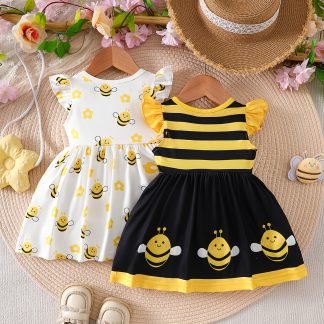 0-3 Years Old Infant Girls Ruffled Bow Design, Bee Flower Print And Striped Bee Print Sleeveless Dress 2pcs Set, Suitable for Spring Summer Outdoor Leisure Sports, Children'S Gift