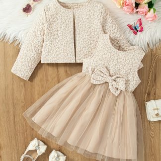 Valentine's Day 2pcs Set for Little Girls: Jacquard Dress with Bow and Tulle, Plus Long-sleeve Jacket for Spring/autumn. Suitable for Daily Wear, Festive Occasions, and Important Events. Ideal as a Gift for Girls or as Wedding Attire, Perfect for