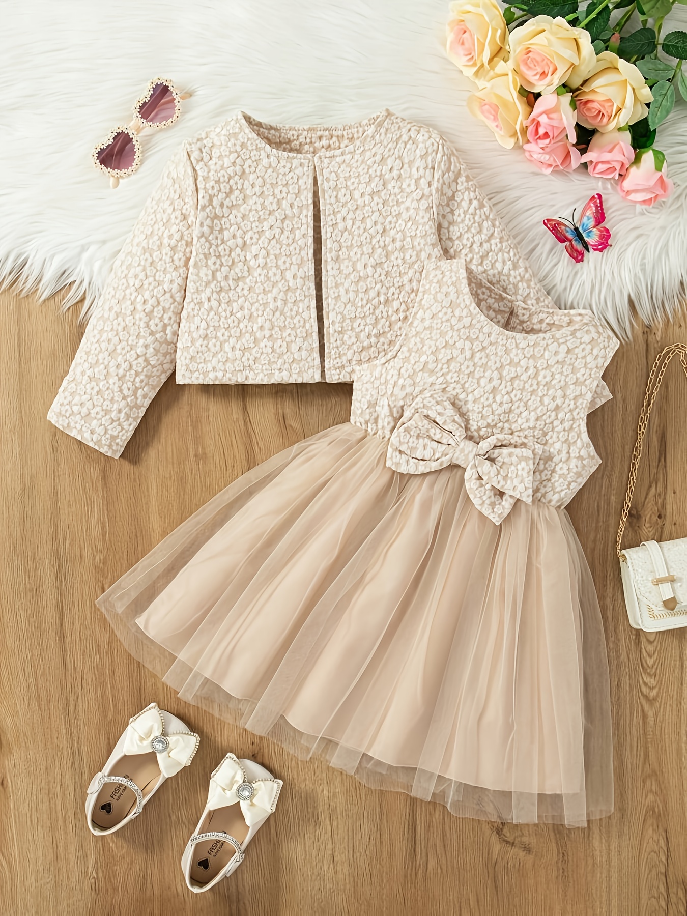 Valentine's Day 2pcs Set for Little Girls: Jacquard Dress with Bow and Tulle, Plus Long-sleeve Jacket for Spring/autumn. Suitable for Daily Wear, Festive Occasions, and Important Events. Ideal as a Gift for Girls or as Wedding Attire, Perfect for