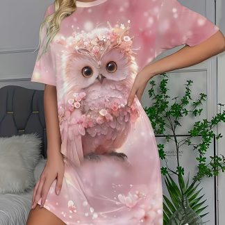 Ladies' Spring And Summer Nightgown T-Shirt Dress **Sakura Owl!** Sweet And Age-Reducing Printed Nightdress Home Wear Dress, "Who Can Refuse to Wear a Sakura Pink Owl! The Whole Picture Is Gentle Sakura Pink, with Cute Owl Prints
