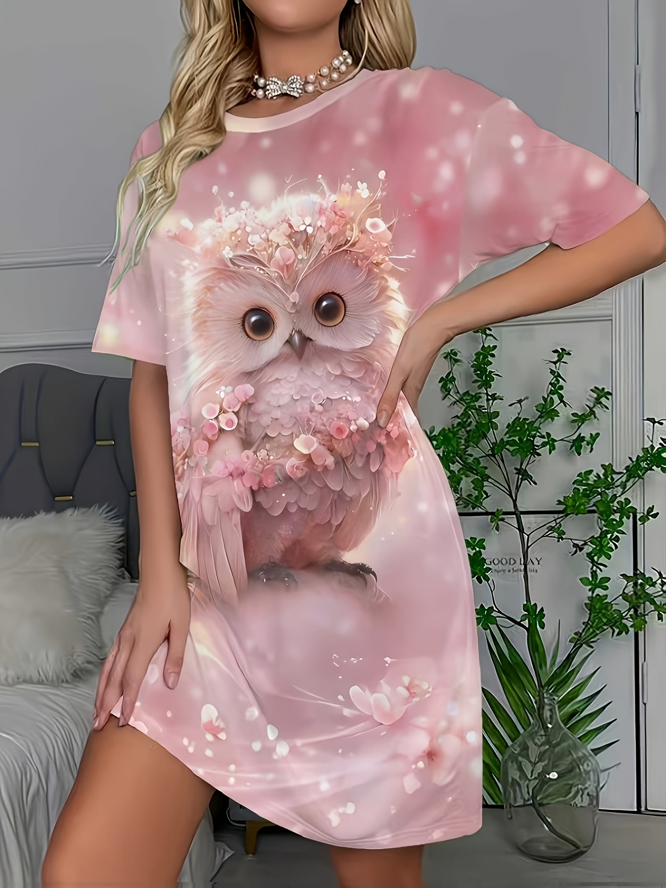 Ladies' Spring And Summer Nightgown T-Shirt Dress **Sakura Owl!** Sweet And Age-Reducing Printed Nightdress Home Wear Dress, "Who Can Refuse to Wear a Sakura Pink Owl! The Whole Picture Is Gentle Sakura Pink, with Cute Owl Prints
