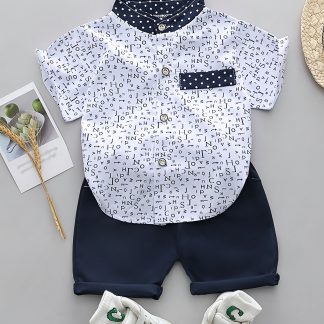 Children'S Summer All-Over Print Letter Short-Sleeved Stand-Up Collar Shirt Shorts Set for Boys, Fashionable, for Outdoor