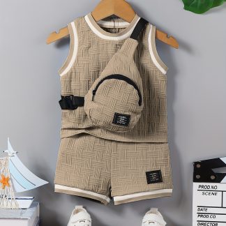 A Set of Three Boys' Summer New Ribbed Texture Fabric Solid Color Vests And Shorts, Complete with a Crossbody Bag, Perfect for Casual Outdoor Wear, for Outdoor