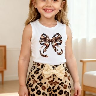 Girls' Round Neck Tank Top - Leopard Print Bow Element Print Vest, Suitable for Outdoor Activities and Daily Wear, an Excellent Gift Choice for Girls on Special Occasions