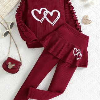 Spring And Autumn Suit, Heart-Shaped Print Ruffle Trim Long-Sleeved Top And Casual Pants, Gift for Children, for Outdoor