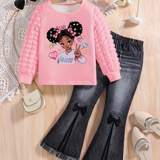 Girls' 2-piece set, fashionable and simple Spring and Autumn style, girls' printed round neck long sleeves+imitation denim bow printed elastic waist pants, comfortable and versatile elementary school students' casual style, Perfect for Outdoor