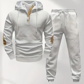 Men's Casual Fashion Set, Knitted Jacquard Hooded Sweatshirt and Pants 2pcs Suit for Outdoor Leisure Sports Wear