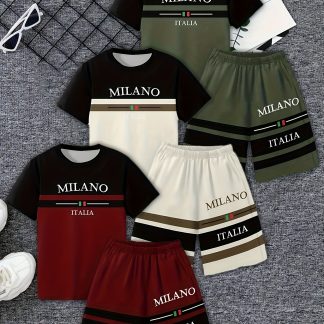 6pcs Set Boys' Casual Pullover and Shorts | Fashionable Gradient Color and 3D Printed Pattern, Polyester, Crew Neck, Short Sleeves, Suitable for Spring/Summer Weekend Casual, for Outdoor