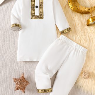 Boys' Middle Eastern Traditional Thobe Robe, Dubai Style Festival Dress, Embroidered Golden Trim Muslim Children's Ethnic Cotton Comfort Set, Perfect for Outdoor
