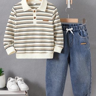 2pcs Young Boy Casual Striped Knit Label Long Sleeve Shirt and Label Jeans Set for Sports, Daily Outings, School, Outdoor Spring/Fall Season, Perfect for Outdoor