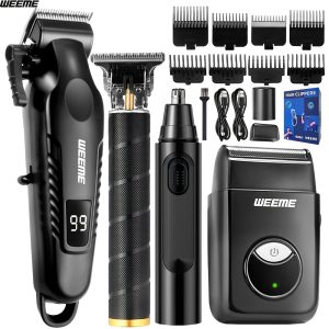 4pcs WEEME Men's Grooming Kit with USB- Fast-Charging Clipper, T-Trimmer, Razor & Nose Hair Trimmer - All-in-One Hair & Shaving System for Home, Travel - Ideal Gift for Dad, Husband, Boyfriend (Birthday/Father's Day)