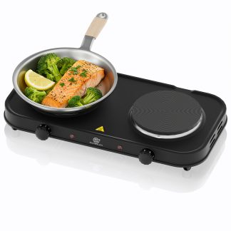 SUPERLEX Double Burner Electric Hot Plate: 2000W High-Power Portable Induction Cooker, Dual Cast Iron Cooking Zones (155Mm) with Precise Temperature Control, Ideal for Kitchen/Rv/Camping & Outdoor Cooking, Multi-Functional Tabletop Hob for Hot Pot