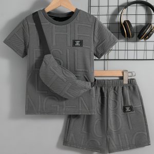 Boys' Casual Outing Solid Color Chap Design Regular Fit Round Neck Short Sleeve T-Shirt And Shorts 2pcs Set with Hanging Bag Boys' Shorts Set Summer, for Outdoor