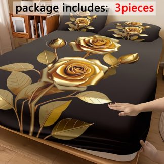3pcs Minimalist Modern Golden Rose Standing Branch Pattern Fitted Sheet Set - Suitable for Bedroom, Guest Room, and Dorm Decor, Soft, Comfortable, Breathable, All-Season Bedding Mattress Protector Set, 3pcs Set Includes 1 Fitted Sheet + 2 Pillowcases