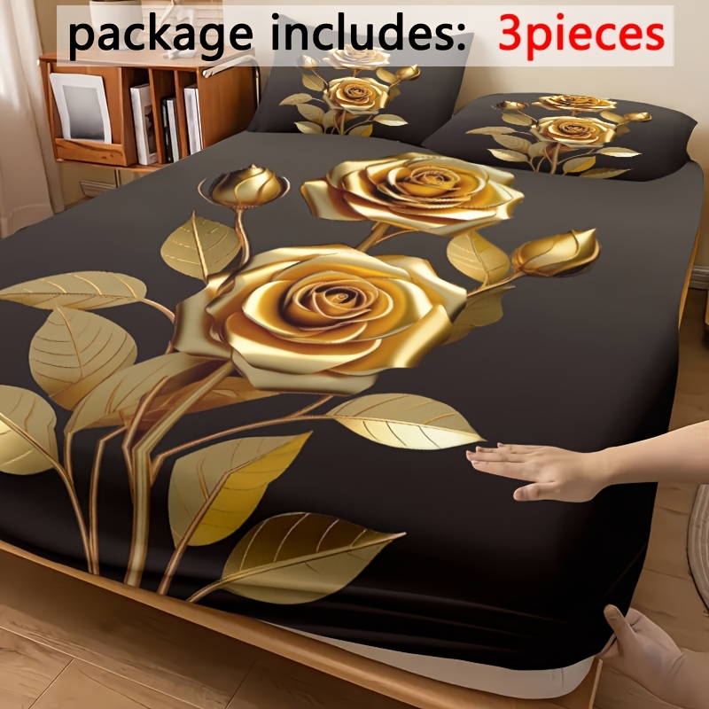 3pcs Minimalist Modern Golden Rose Standing Branch Pattern Fitted Sheet Set - Suitable for Bedroom, Guest Room, and Dorm Decor, Soft, Comfortable, Breathable, All-Season Bedding Mattress Protector Set, 3pcs Set Includes 1 Fitted Sheet + 2 Pillowcases