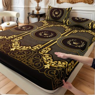3pcs Bed Sheet Set (1 Fitted Sheet + 2 Pillowcases) in Black And Golden Color with an Exquisite Crown Pattern, Designed in European Palace Style. It Features a Full Wrap Design That Is Anti-Slip And, Suitable for Student Apartments
