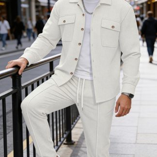 Spring/Autumn Men's Waffle Knit Long-Sleeve Set, Fashionable Casual Cardigan Set, Button-Decorated Sporty Top Jacket, Men's 2pcs Set (Top + Pants)