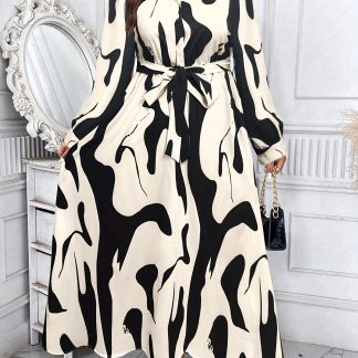 Plus Size - Plus Size - Plus Size Women'S Geometric Print Long Sleeve Casual Shirt Dress Spring Summer Long Dress