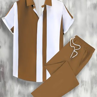 Men's Casual Sporty Cardigan Button-Up Short Sleeve and Trousers Set, Solid Color Striped Lapel Button-Up Cardigan and Trousers, Suitable for Daily Casual Fashion, Simple Outings, Commuting, Street Trend, New Summer Style