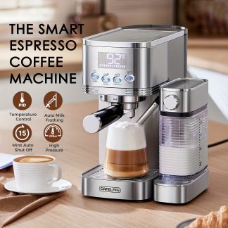 CAFELFFE Semi-Automatic Espresso Machine MK801, Coffee Machine with Automatic Milk Frothing, One-Touch Espresso, Latte And Cappuccino, Self-Cleaning, 20BAR Pressure, 1.3L Water Tank, 0.7L Milk Tank