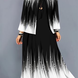Plus Size, Autumn/Winter Fashion Women's 2pcs Set: Black and White Gradient Print Tie-Neck Long Sleeve Cardigan Overcoat with Dress, Elegant Daily Outfit
