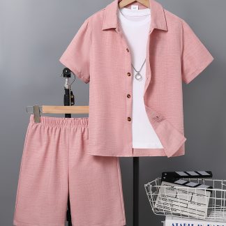 Big Boy Clothes Boys' Suit Spring Summer And Autumn Collection Woven Fabric Button-Up Shirt And Elastic Waist Shorts Casual Set, Vacation Style, Casual Wear, Outdoor Attire, Perfect for Back to School Season And Graduation, for Outdoor