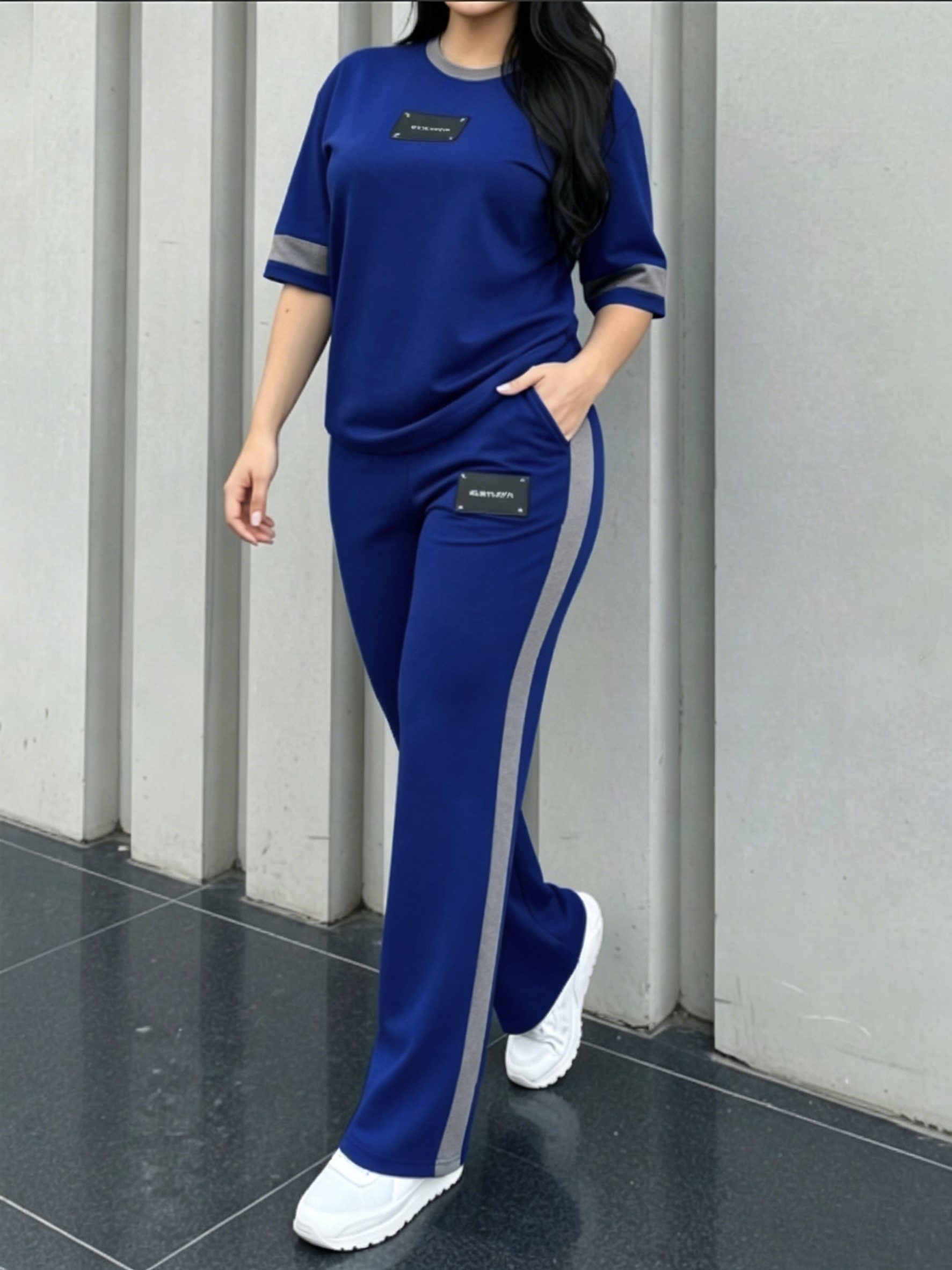 Women's New Elegant Casual Round Neck Short Sleeve Color Block Patchwork Comfortable T-Shirt and Casual Comfortable Long Pants 2pcs Set LLDX - Image 3