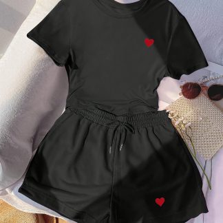 Women'S Fashion Heart T-Shirt And Elastic Waist Shorts Casual Outfit