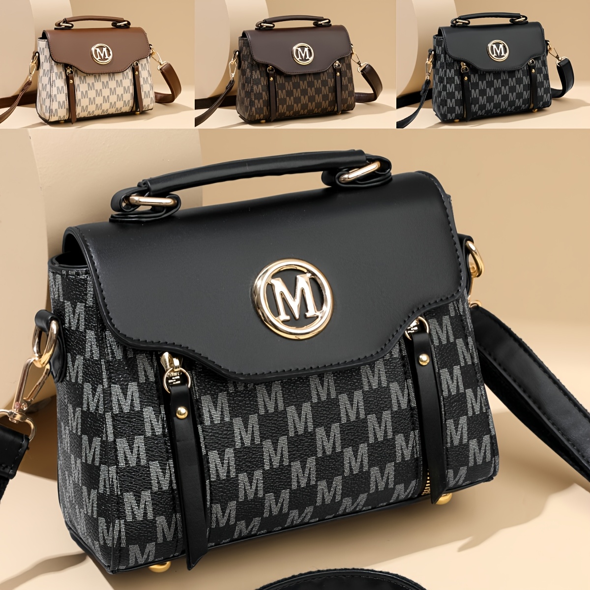 Women'S Fashion Old Flower Elegant Letter Pattern Decoration Crossbody Bag, Large Capacity Academy Style Color Matching Design Shoulder Bag, Multi-Pocket Multi-Zipper Tote Bag, Multi-Functional Handbag Suitable for Work, Shopping And Dining - Image 5