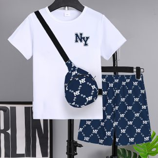 3pcs Tween Boy Shorts Set, Easy Letter Pattern, Fashion Casual White Short Sleeve And Full Print Shorts, with Crossbody Bag, Machine Washable, Loose Fit, Suitable for Outdoor Scenes, Casual Outing, Gift for Boys Aged 7-15, Summer