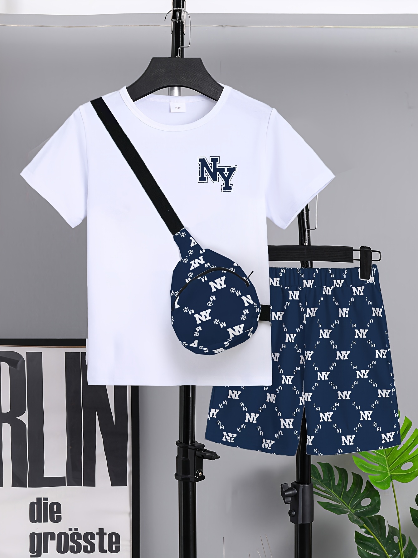3pcs Tween Boy Shorts Set, Easy Letter Pattern, Fashion Casual White Short Sleeve And Full Print Shorts, with Crossbody Bag, Machine Washable, Loose Fit, Suitable for Outdoor Scenes, Casual Outing, Gift for Boys Aged 7-15, Summer