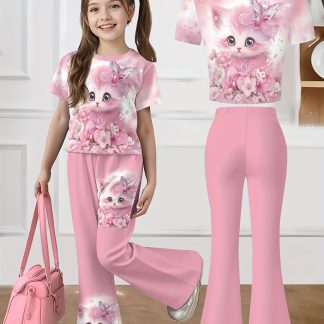 A 2pcs Set Featuring a Short-sleeved Top and Flared Pants, Ideal for Teenagers as Casual Wear. The Cute Style and Lively Design Make It Perfect for Both Indoor and Outdoor Use, Perfect for Outdoor