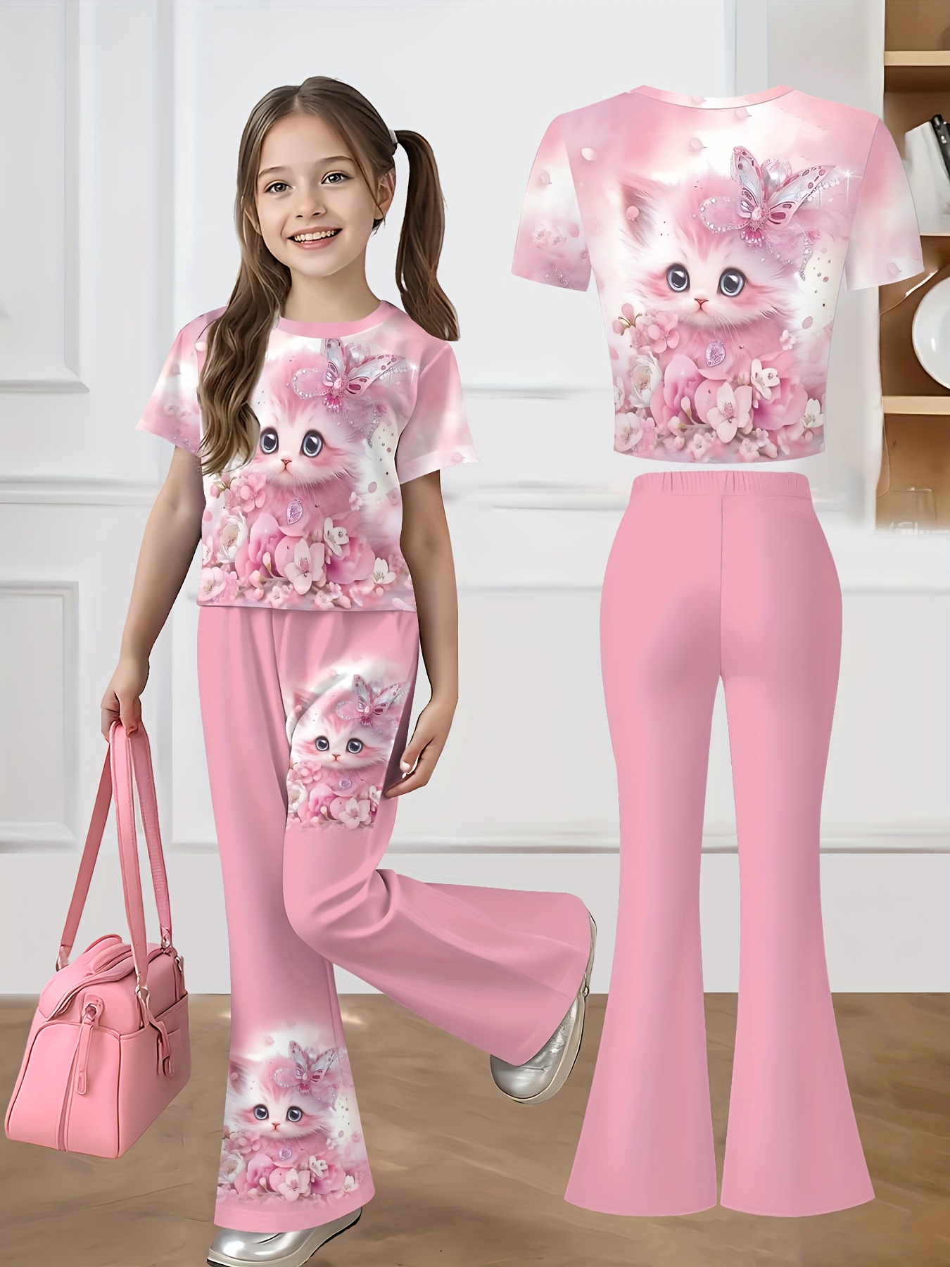 A 2pcs Set Featuring a Short-sleeved Top and Flared Pants, Ideal for Teenagers as Casual Wear. The Cute Style and Lively Design Make It Perfect for Both Indoor and Outdoor Use, Perfect for Outdoor