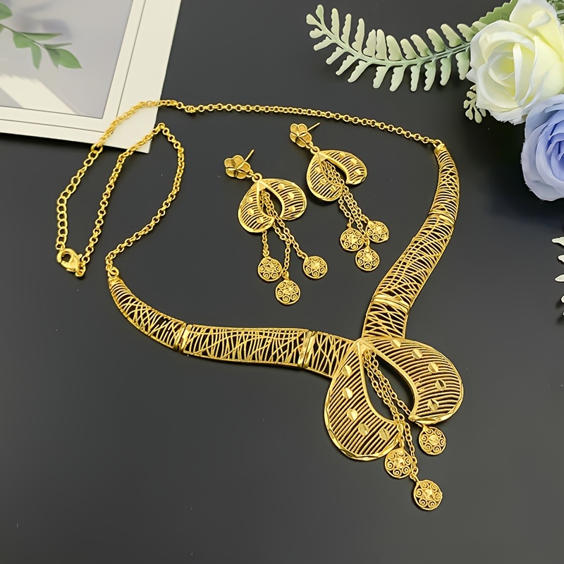 2025 New Bohemian 2pcs Hollow Flower Tassel Earrings and Necklace Elegant Ladies Jewelry Set, Perfect for Dubai Bridal Wedding Anniversary Gift, Valentine's Day, Christmas Eid, Daily Present for Wife, Family, Girlfriend - Image 5
